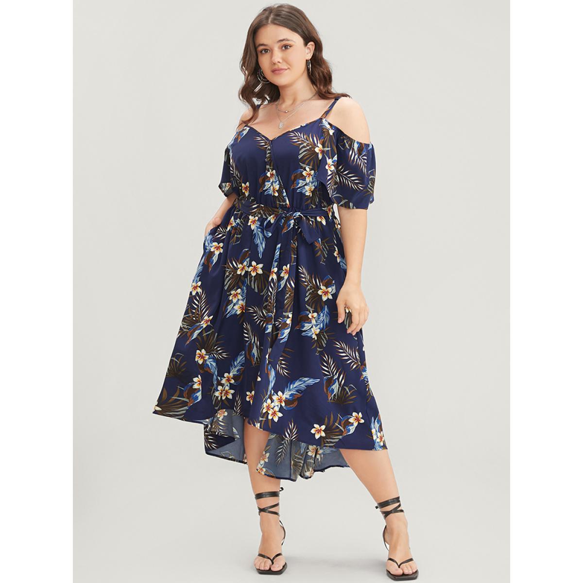 Plus Size Floral Cold Shoulder Pocket Ruffle Belted High Low Hem Dress DarkBlue Women Vacation Adjustable Straps Cold Shoulder Short sleeve Curvy Midi Dress BloomChic 14-16/1X Product Image