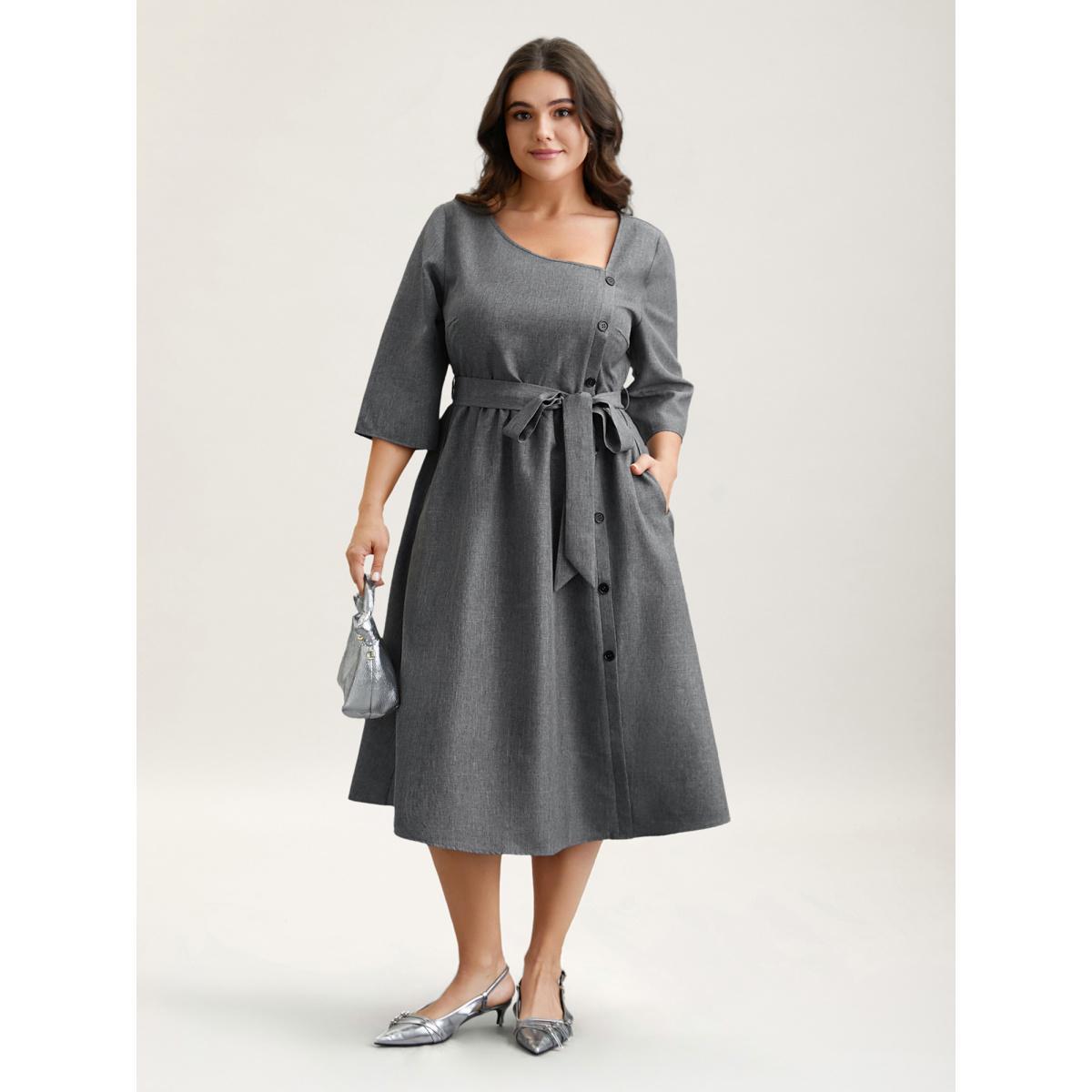 Plus Size Asymmetrical Neckline Belted Pockets Midi Dress DarkGray Women At the Office Belted Asymmetrical Neck Elbow-length sleeve Curvy BloomChic 14-16/1X Product Image