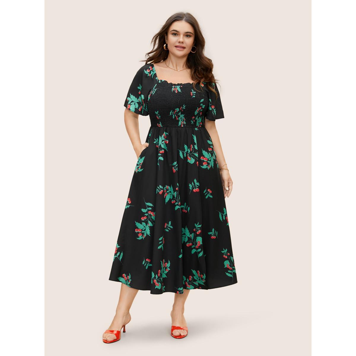 Plus Size Square Neck Tomato Print Split Hem Dress Black Women Elegant Frill Trim Square Neck Short sleeve Curvy BloomChic 22-24/3X Product Image