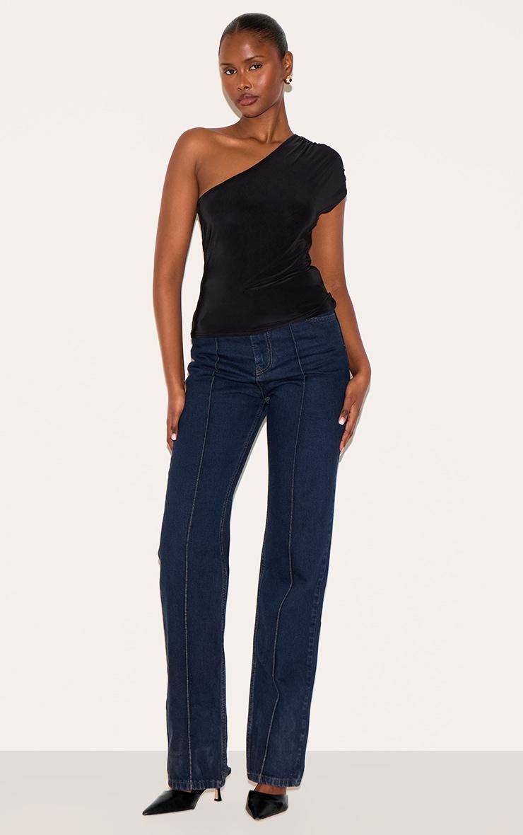 Black Slinky One Shoulder Detail Long Top Product Image