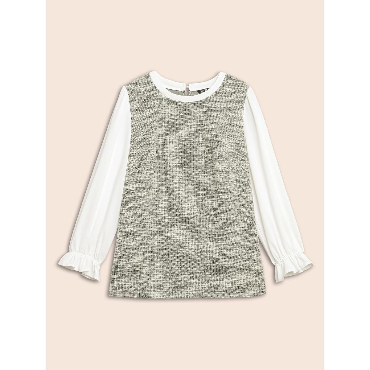 Plus Size Originalwhite Tweed Patchwork Gathered Lantern Sleeve Blouse Women Elegant Long Sleeve Round Neck Everyday Blouses BloomChic 14-16/1X Product Image
