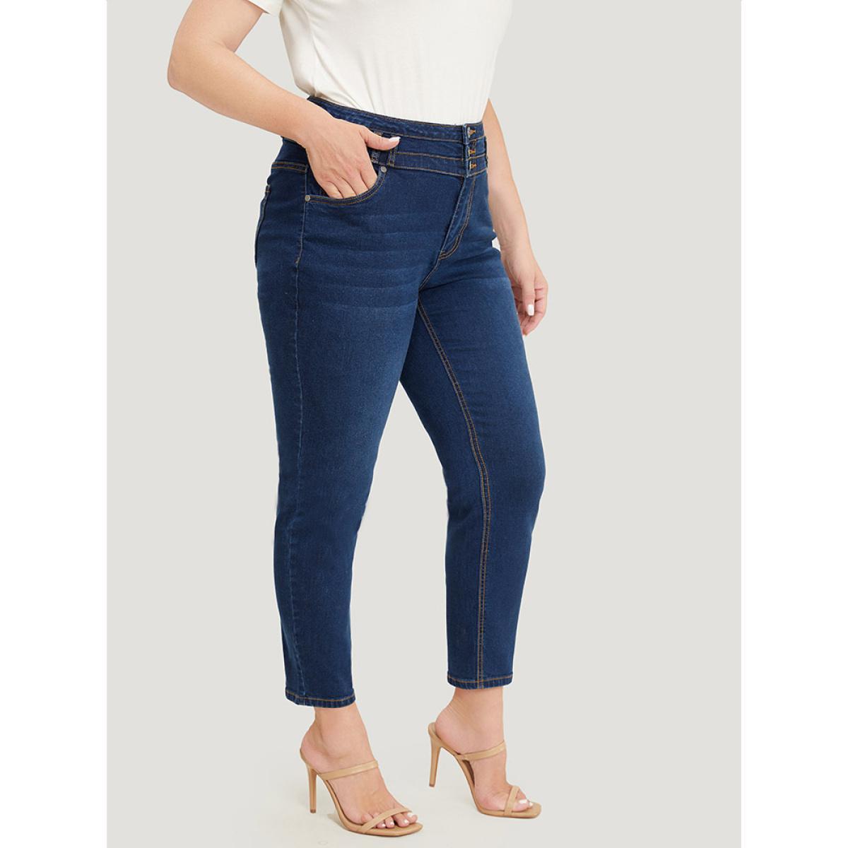 Plus Size Very Stretchy High Rise Dark Wash Layered Contrast Stitch Jeans Women DarkBlue Casual Plain Button High stretch Pocket Jeans BloomChic 30/6X Product Image