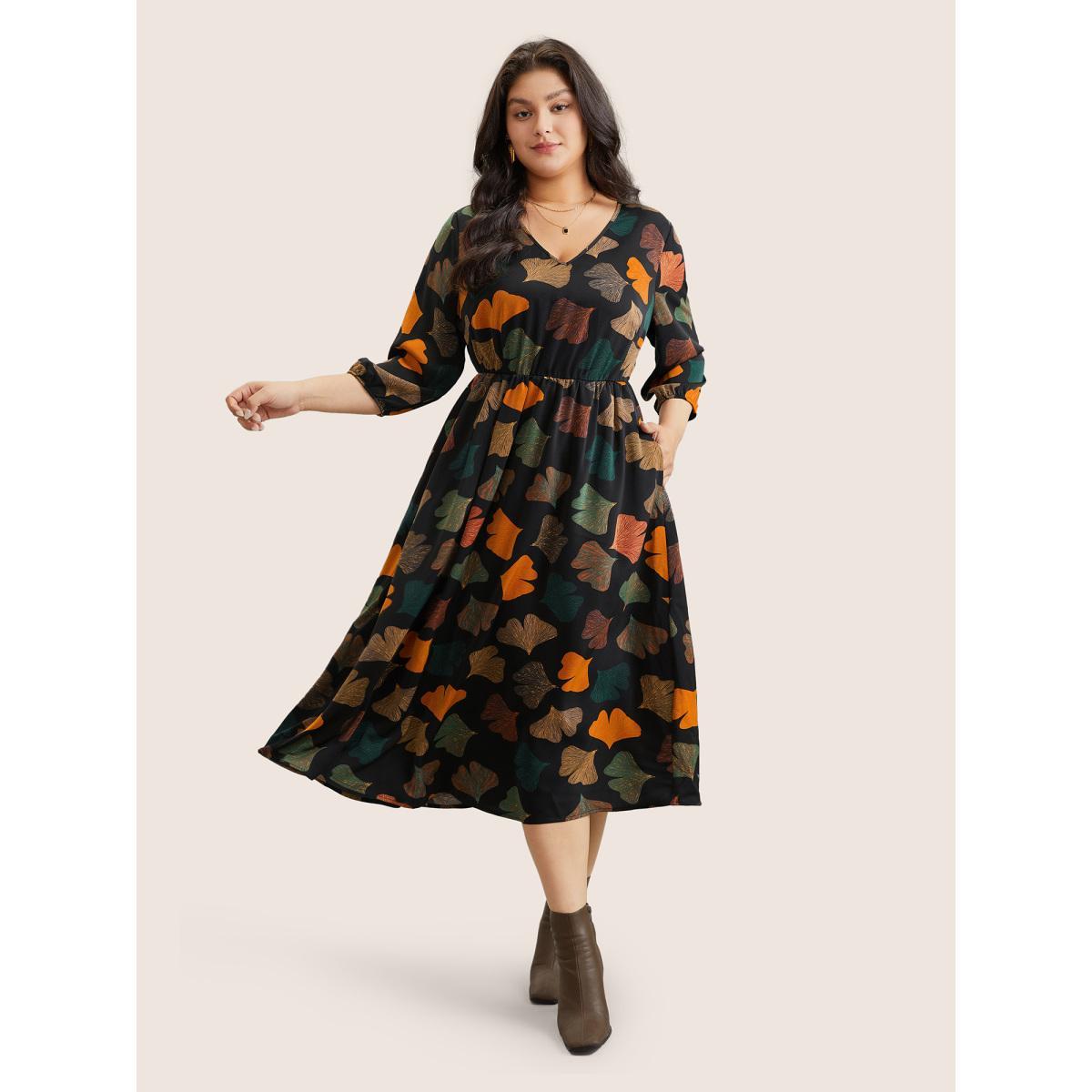 Plus Size Plants Print Elastic Waist Elastic Cuffs Dress Black Women Elegant Elastic cuffs V-neck Elbow-length sleeve Curvy Midi Dress BloomChic 18-20/2X Product Image