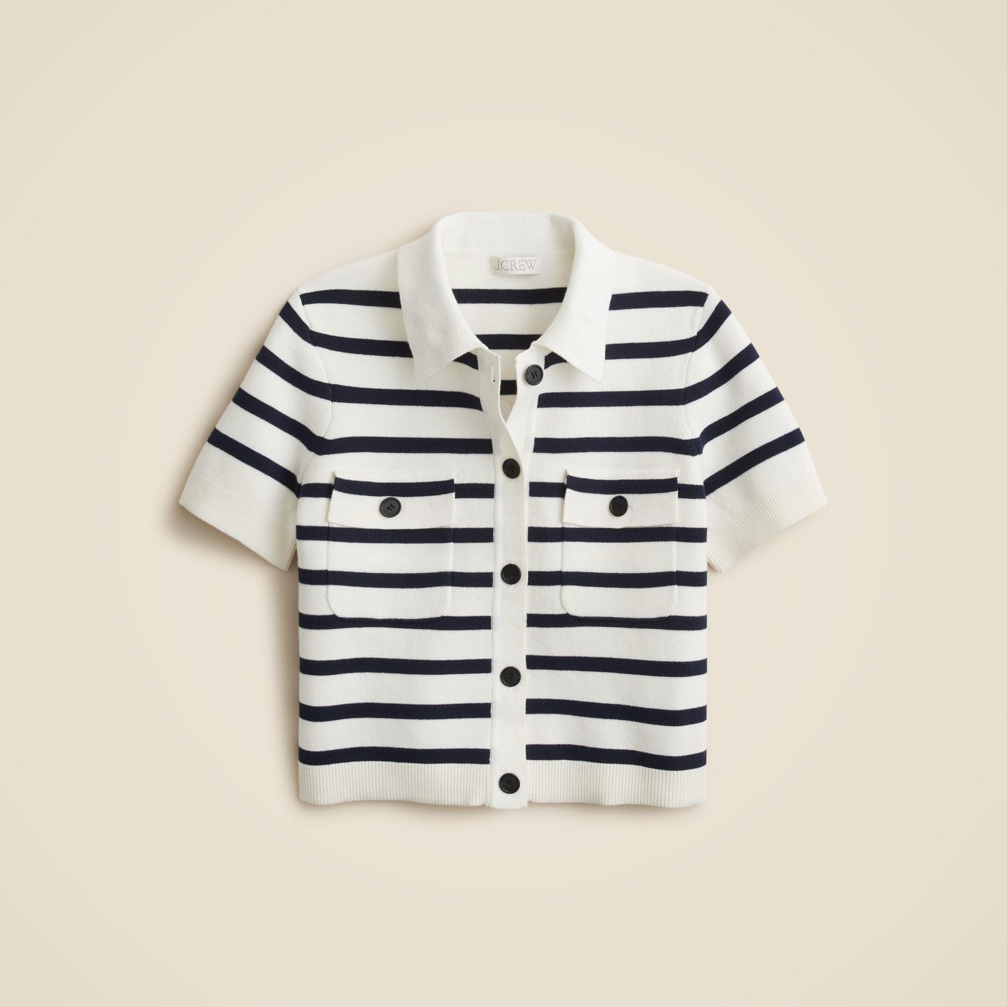 Collared short-sleeve cardigan in stripe Product Image