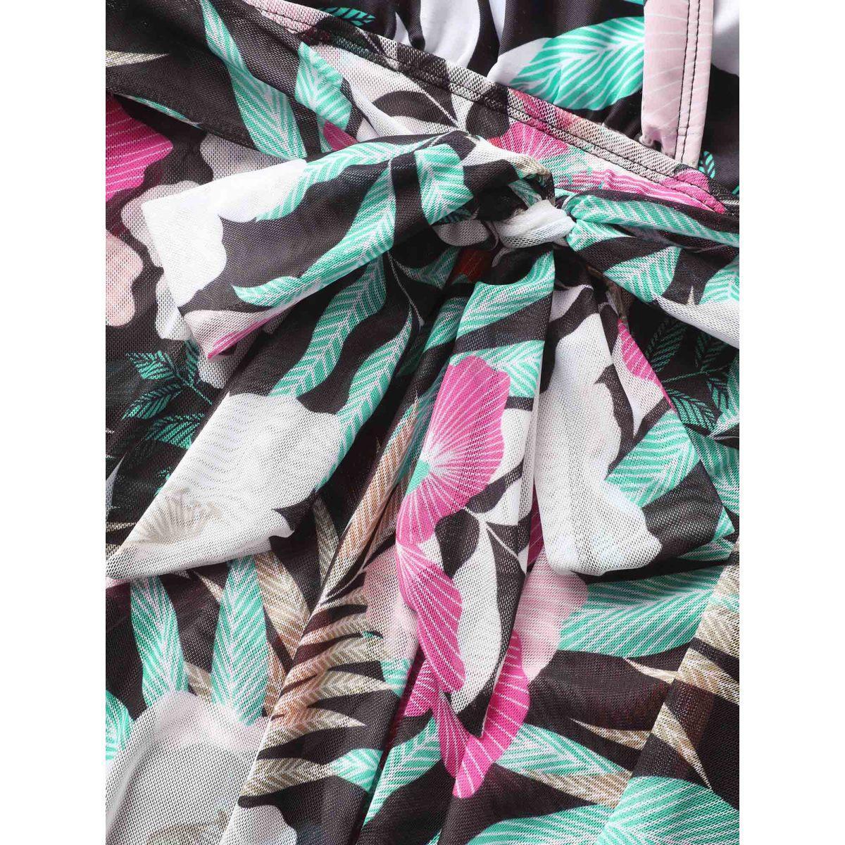 Plus Size Overlap Collar Floral Mesh Patchwork Swim Dress Women's Swimwear Black Beach Bodycon Overlap Collar High stretch Curve Swim Dresses BloomChic 10/M Product Image