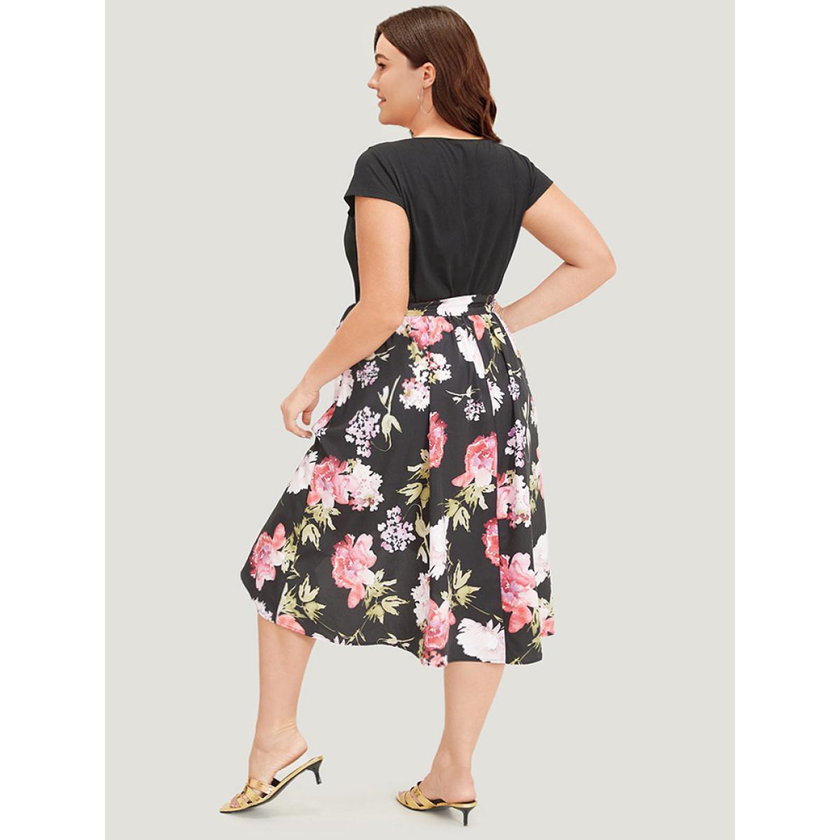 Plus Size Floral Print Patchwork Pocket Belted Asymmetrical Hem Dress Black Women Glamour Plain Round Neck Short sleeve Curvy Midi Dress BloomChic 30/6X Product Image