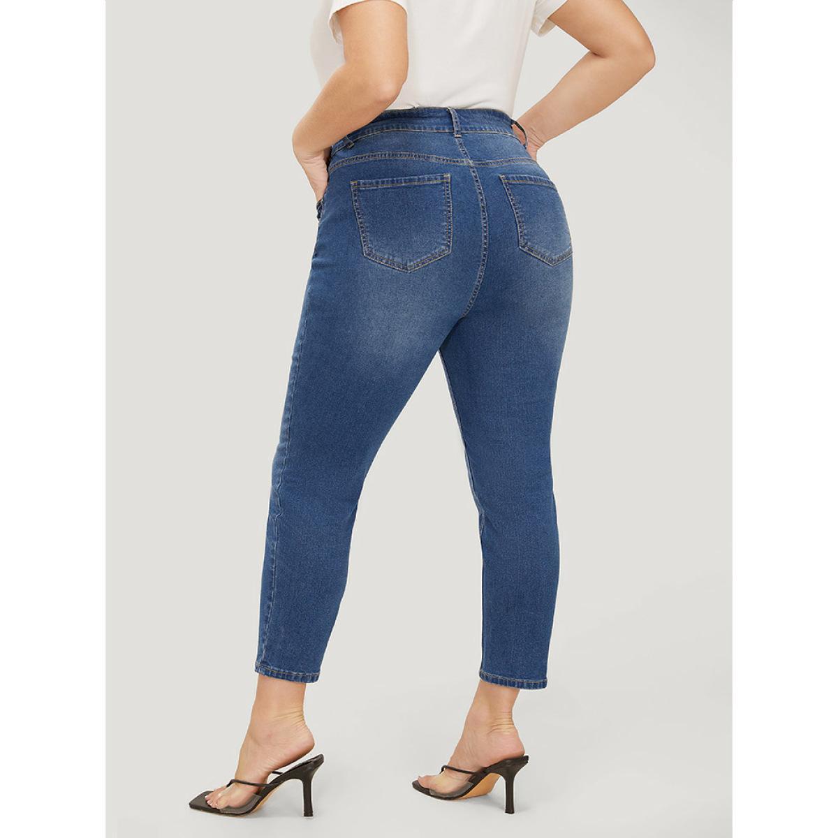 Plus Size Very Stretchy High Rise Medium Wash Patched Patchwork Jeans Women Indigo Casual Plain Patchwork High stretch Pocket Jeans BloomChic 18/2X Product Image