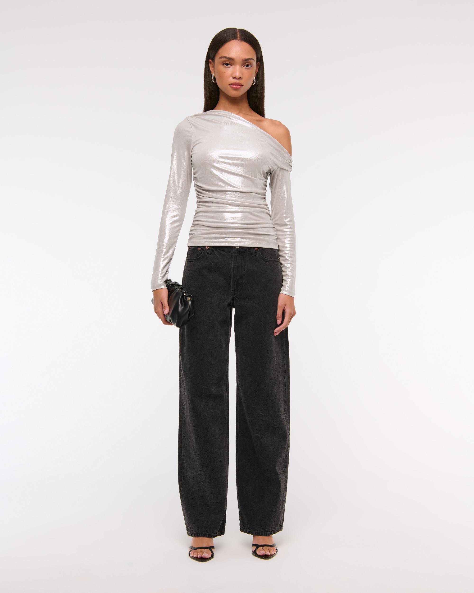 Long-Sleeve Velvet Asymmetrical Draped Top Product Image