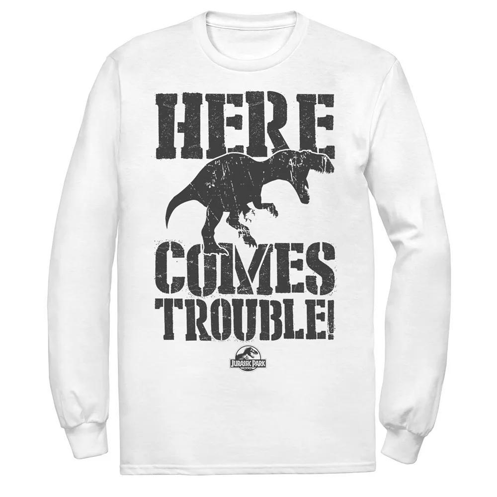 Men's Jurassic Park Here Comes Trouble Long Sleeve Graphic Tee, Size: Medium, Athletic Grey Product Image