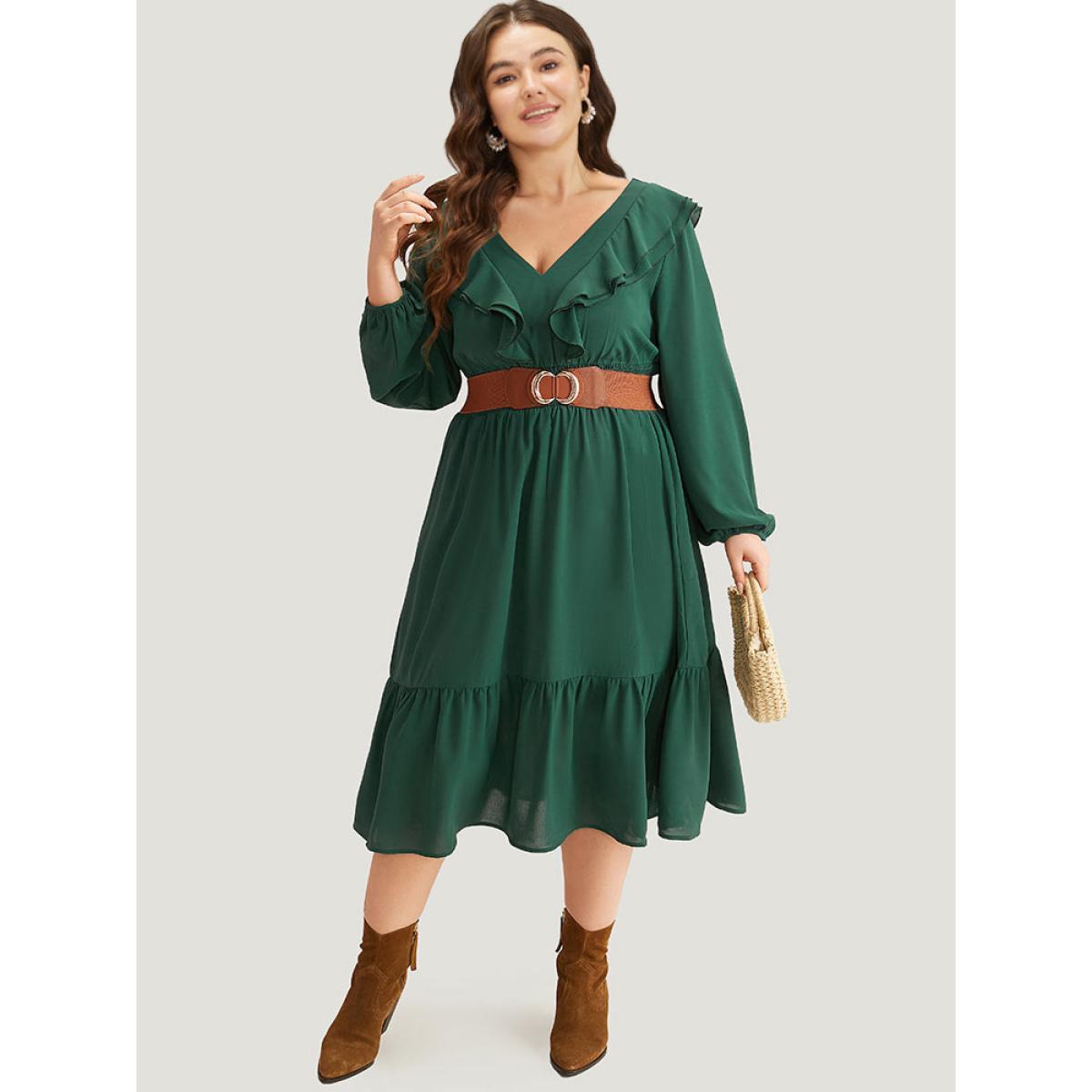 Plus Size Solid Shirred Ruffle Trim Pleated Dress DarkGreen Women Vacation Elastic cuffs V-neck Long Sleeve Curvy Midi Dress BloomChic 12/L Product Image