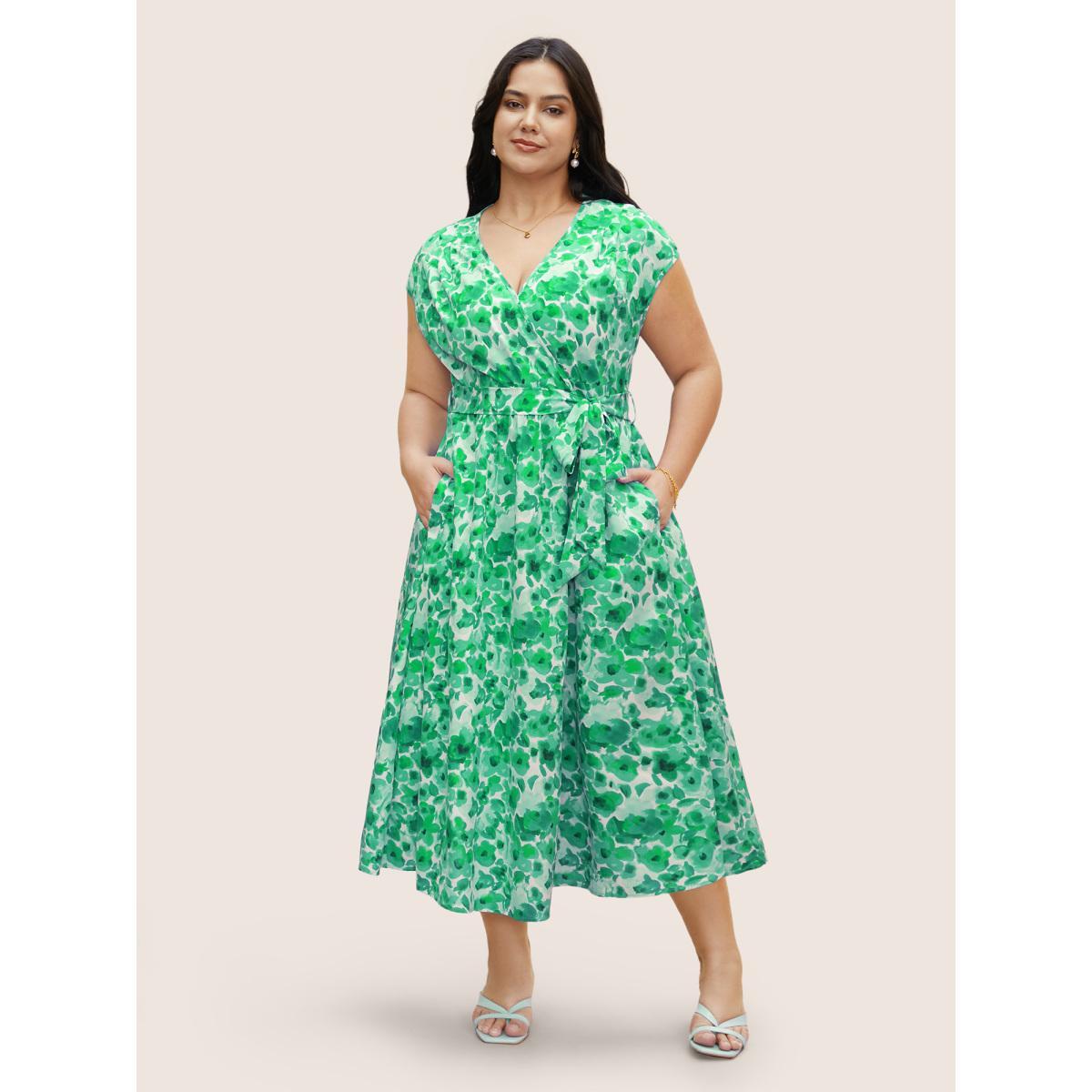Plus Size Watercolor Floral Dolman Sleeve Maxi Dress Emerald Women Elegant Belted V-neck Sleeveless Curvy BloomChic 14-16/1X Product Image
