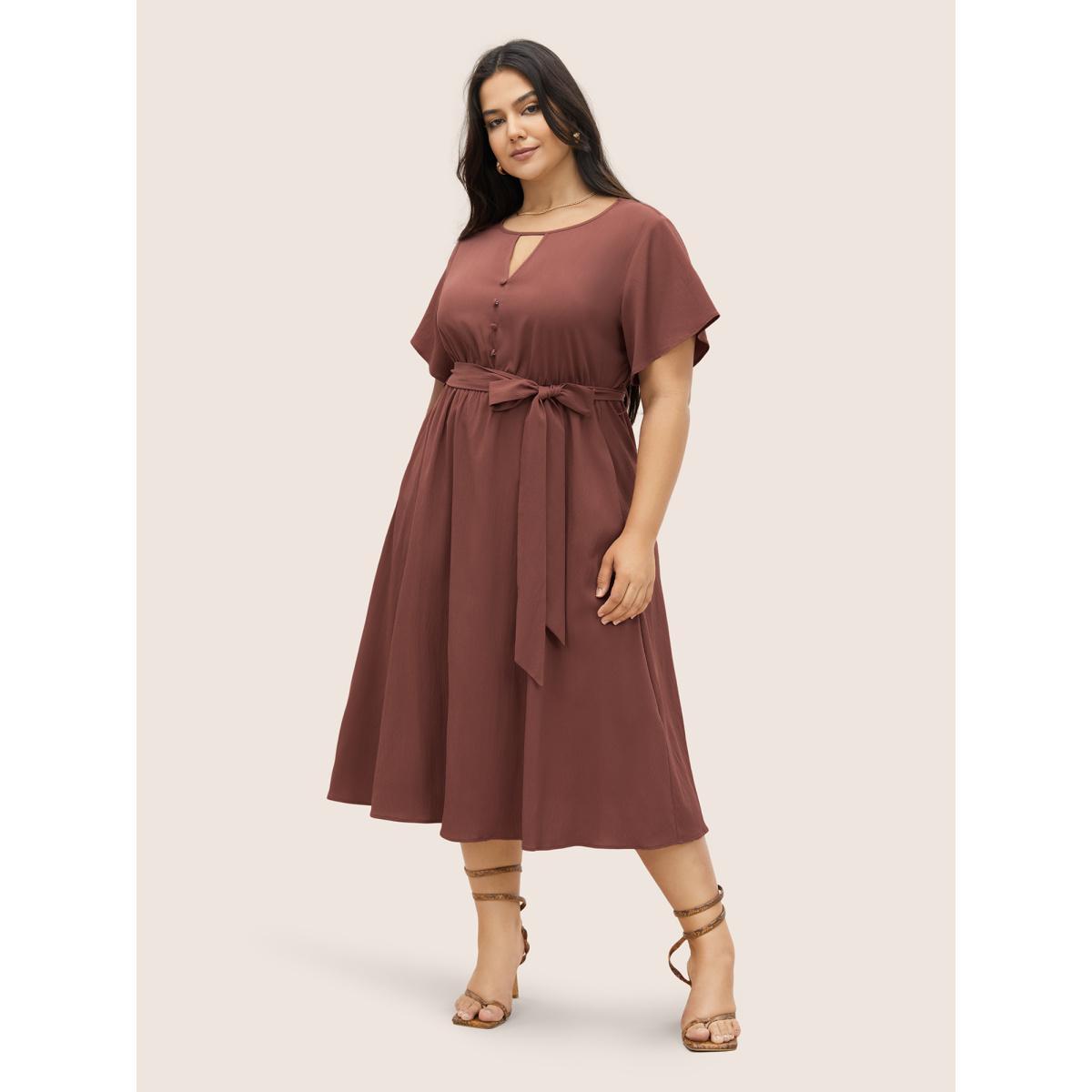Plus Size Anti-Wrinkle Keyhole Button Detail Belted Dress Maroon Women At the Office Belted Round Neck Short sleeve Curvy Midi Dress BloomChic 14-16/1X Product Image
