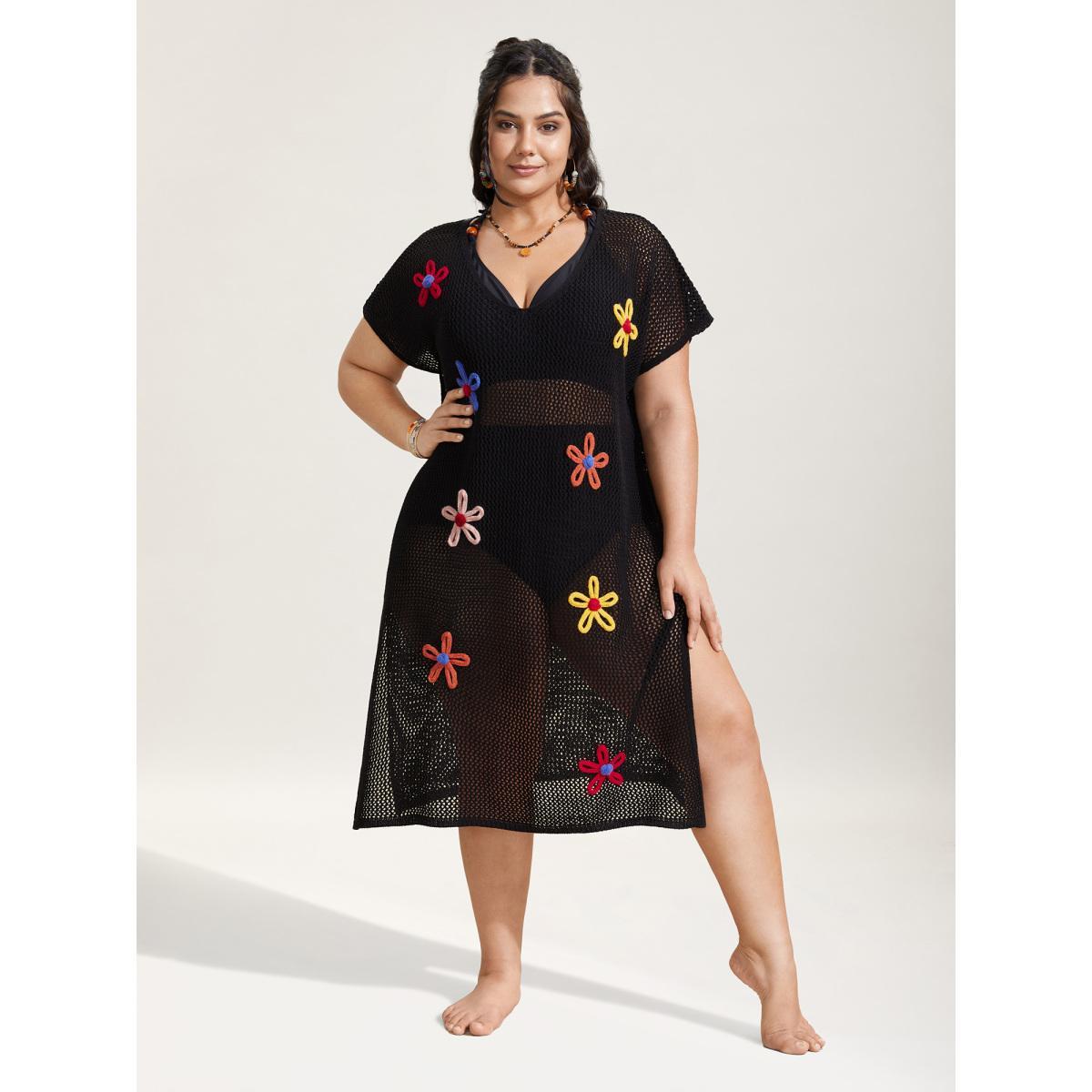 Plus Size Stereo Flower Design Slit Hem Swim Cover Up Women's Swimwear Black Beach Loose Crochet Curve Swim Cover Ups BloomChic 12/L Product Image