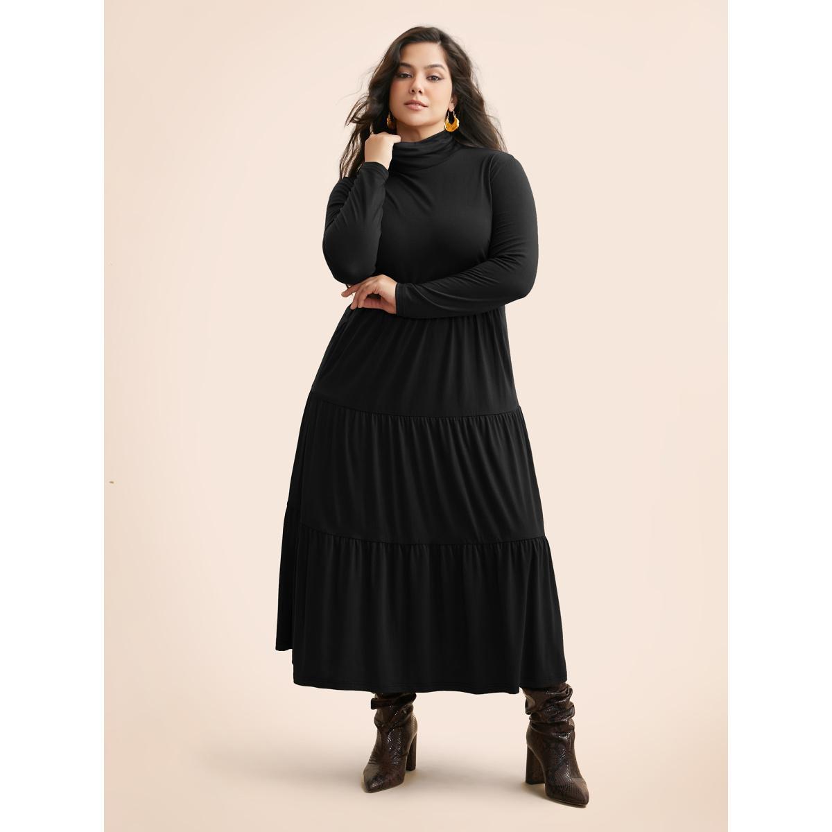 Plus Size Supersoft Essentials Funnel Neck Tiered Midi Dress Pureblack Women Casual Ruffles Mock Neck Long Sleeve Curvy BloomChic 28/5X Product Image