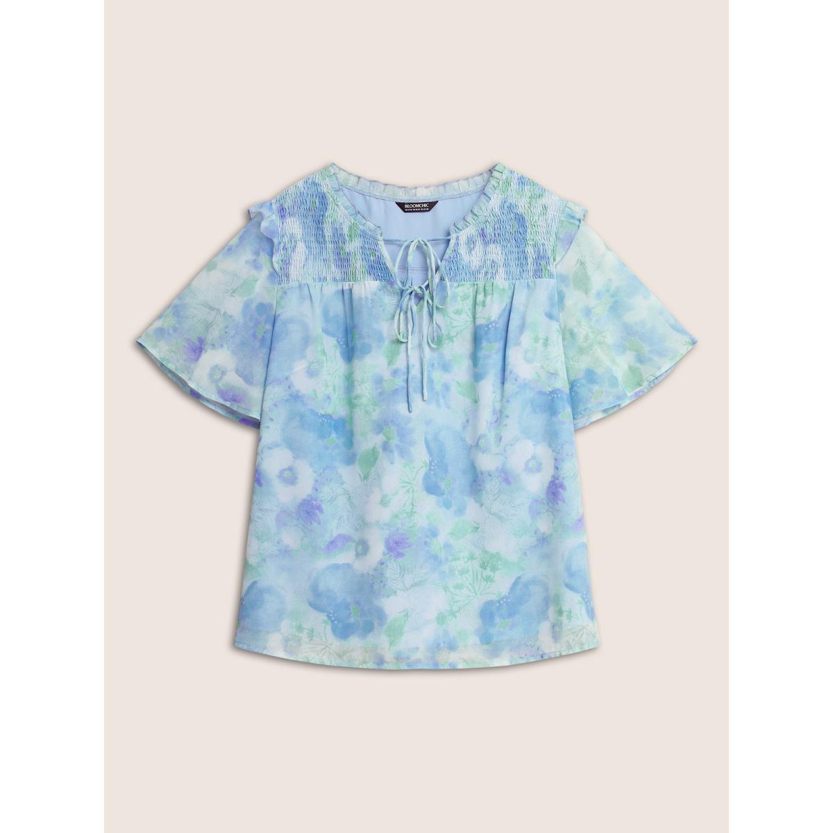 Plus Size LightBlue Watercolor Floral Frill Trim Shirred Blouse Women Elegant Half Sleeve Flat collar with V-notch Everyday Blouses BloomChic 14-16/1X Product Image