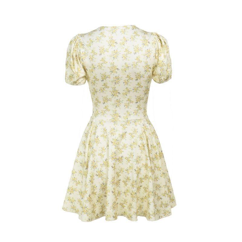 Puff Sleeve V-Neck Floral Print Bow Accent Mini A-Line Dress Product Image