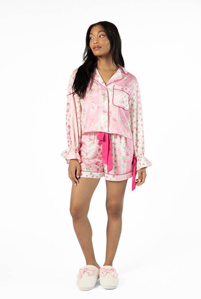 Don't Wake Me Up Pink Multi Floral Satin Pajama Shorts Product Image