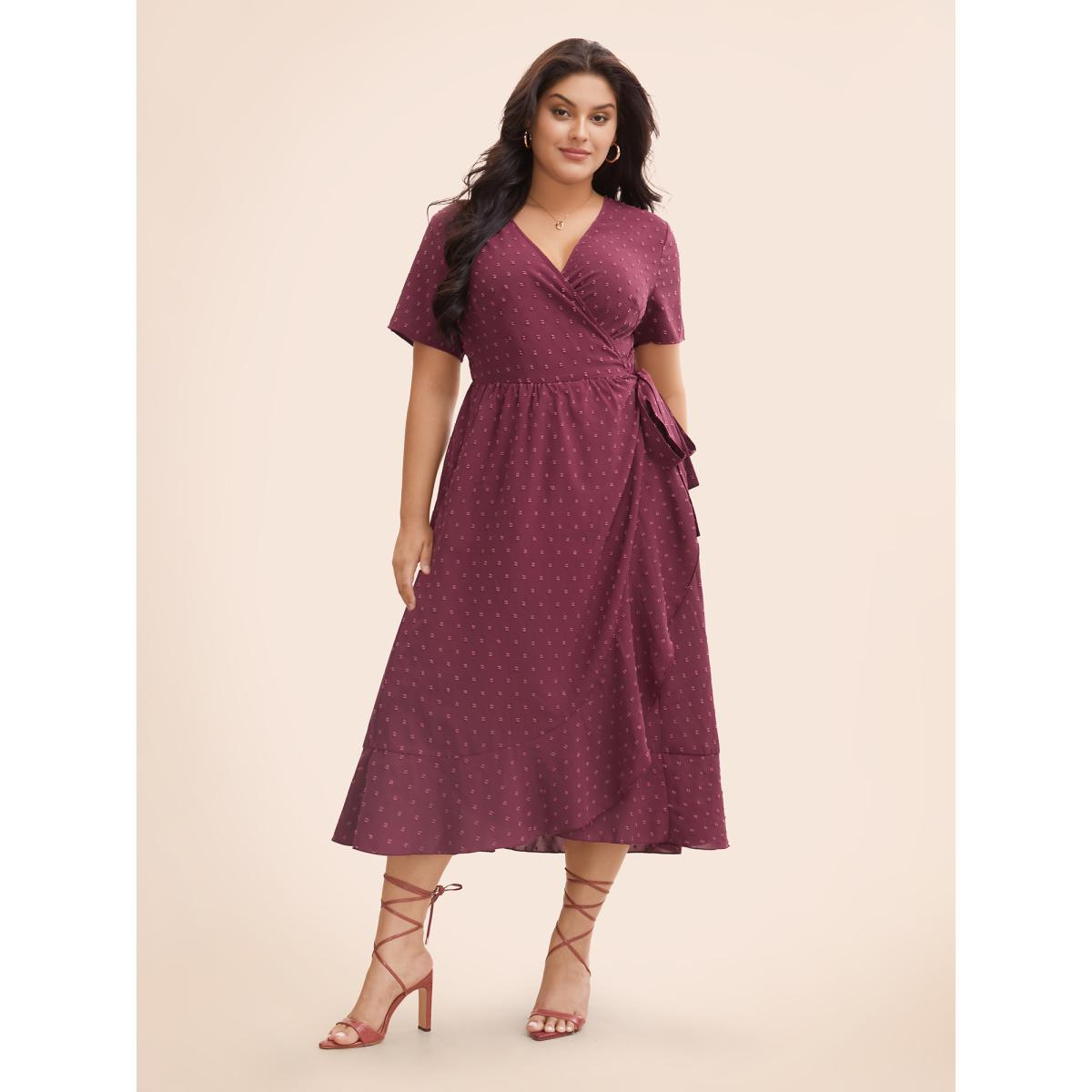 Plus Size Plain Overlap Collar Ruffle Trim Tie Knot Dress Burgundy Women Elegant Tie knot Overlap Collar Short sleeve Curvy BloomChic 22-24/3X Product Image