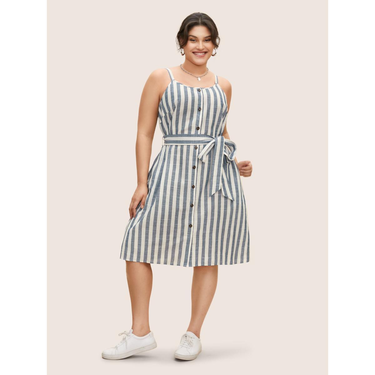 Plus Size Striped Button Detail Belted Cami Dress DarkBlue Women Casual Belted Non Sleeveless Curvy BloomChic 10/M Product Image