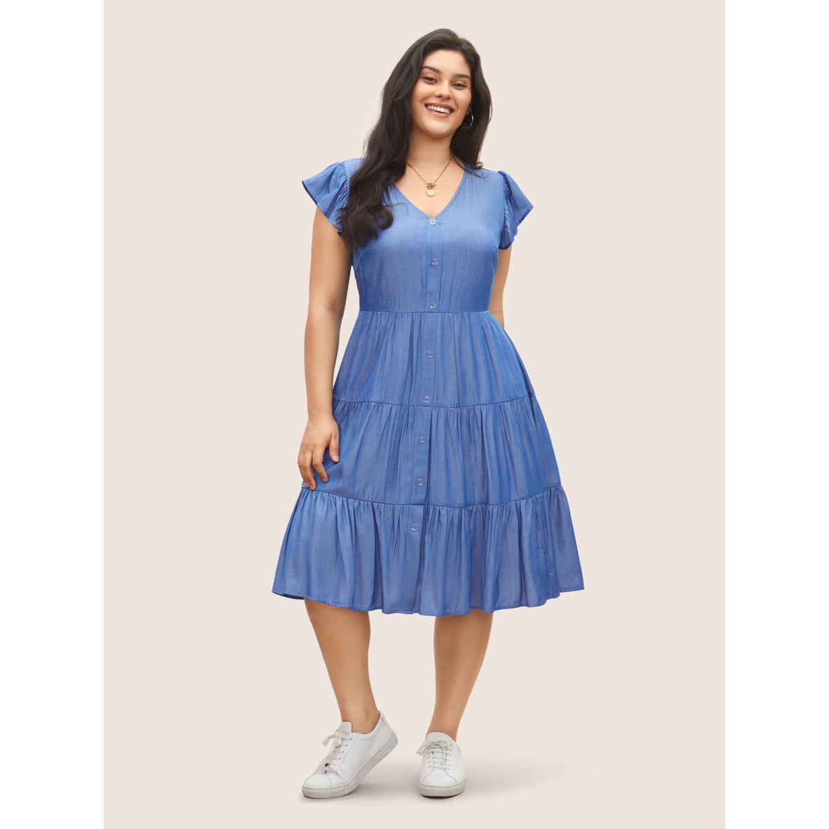 Plus Size Plain Button Detail Layered Hem Ruffle Cap Sleeve Dress Blue Women Casual Non V-neck Cap Sleeve Curvy Midi Dress BloomChic 26/4X Product Image