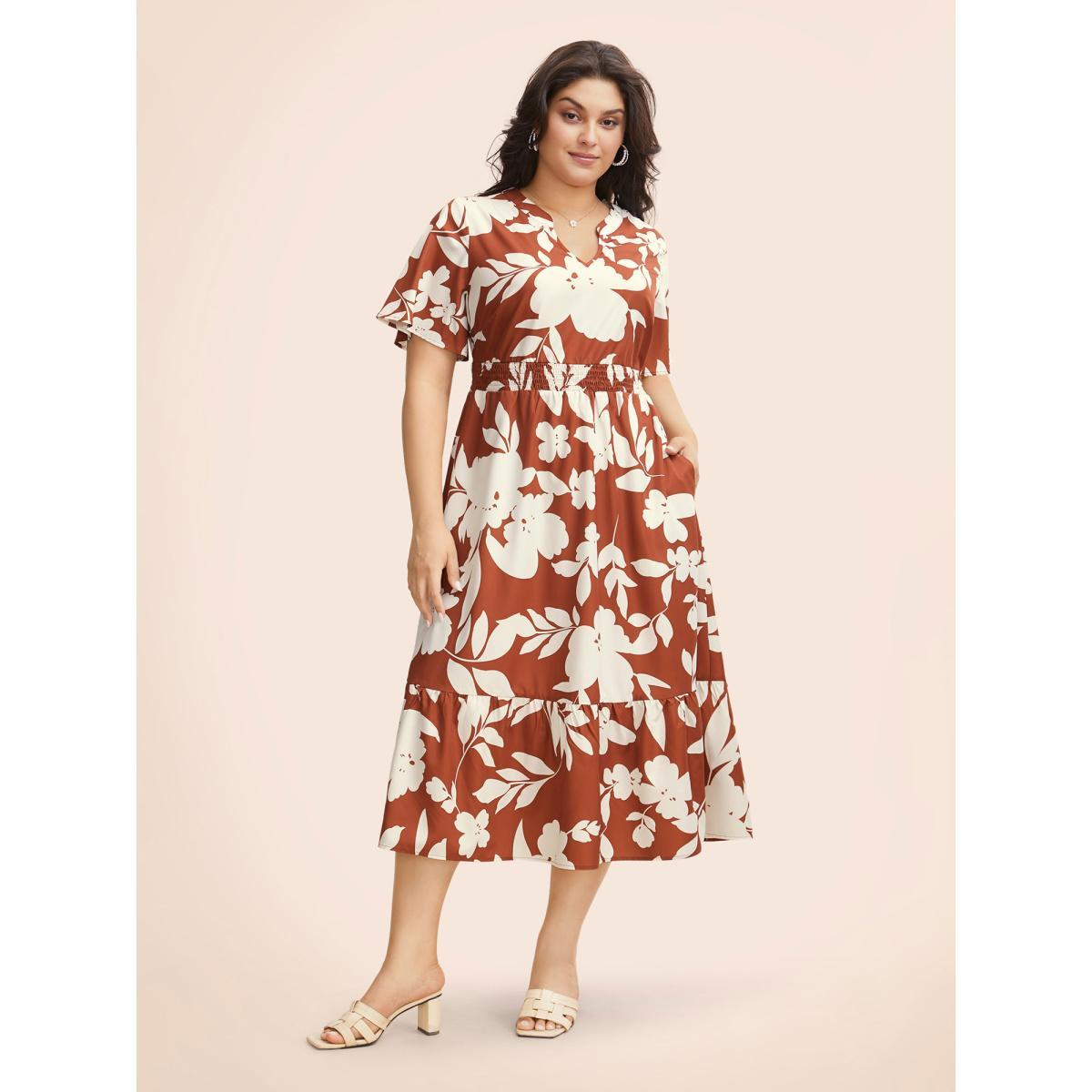 Plus Size Silhouette Floral Print Shirred Ruffles Dress Browncoffeecolor Women Elegant Shirred Notched collar Short sleeve Curvy BloomChic 28/5X Product Image