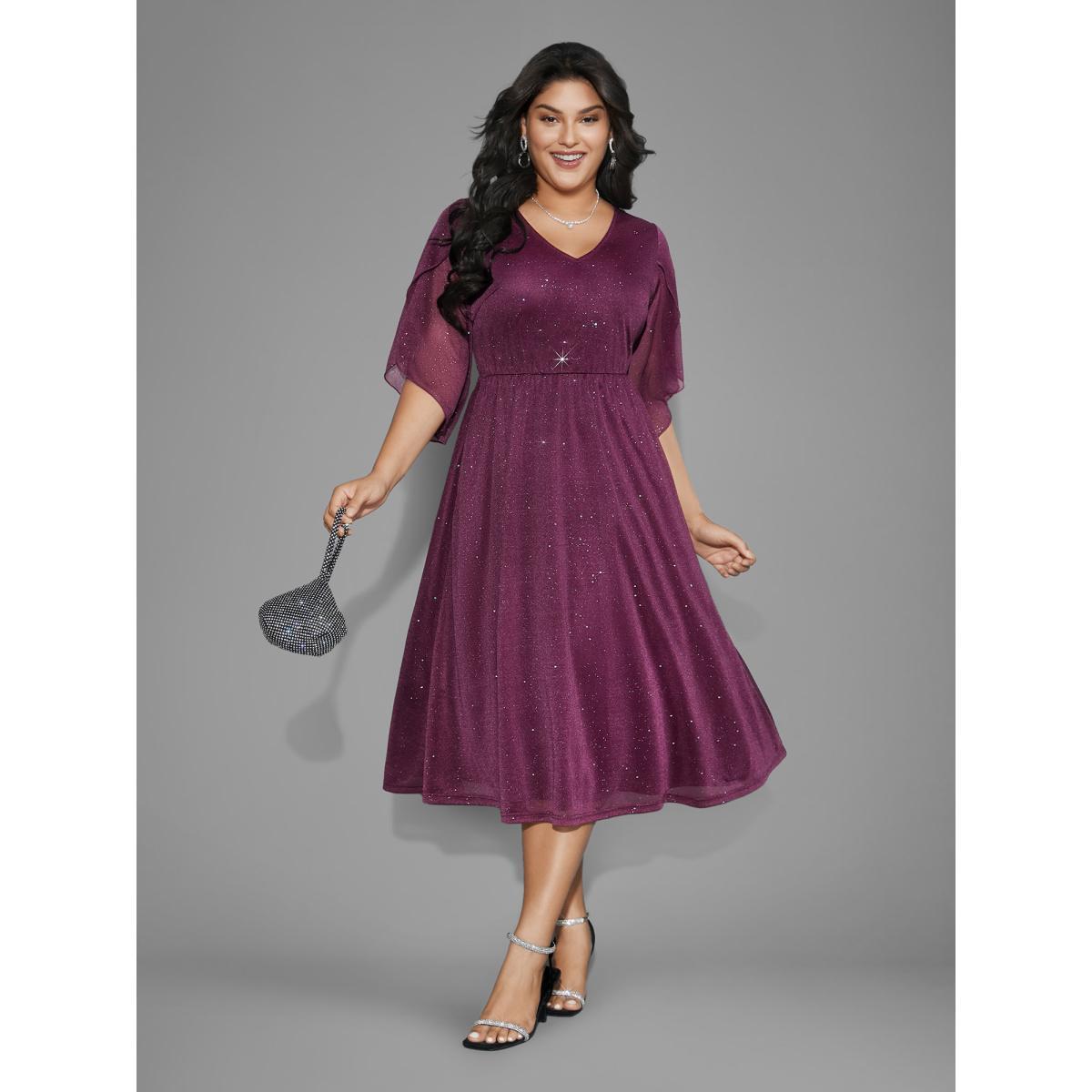 Plus Size Glitter Mesh Petal Sleeve Midi Dress Deeppurplered Women Cocktail Texture Party Curvy Bloomchic 26/4X Product Image