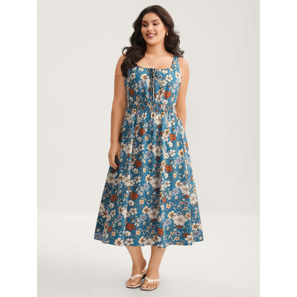 Plus Size Floral Print Shirred Waist Midi Dress Mediumblue Women Square Neck Sleeveless Curvy BloomChic 14-16/1X Product Image