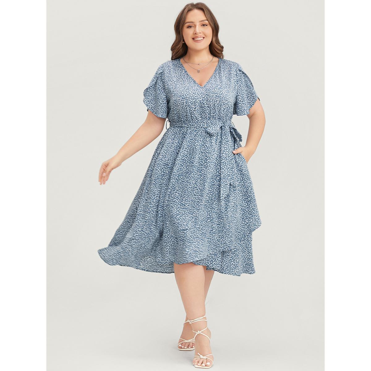 Plus Size Polka Dot Split Sleeve Ruffle Pocket Belted Asymmetrical Hem Dress LightBlue Women Elegant Cross straps V-neck Short sleeve Curvy Midi Dress BloomChic 14-16/1X Product Image