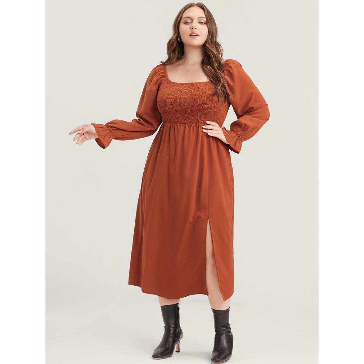 Plus Size Solid Shirred Square Neck Lantern Sleeve Split Hem Dress Rust Women Elegant Shirred Square Neck Long Sleeve Curvy Midi Dress BloomChic 18-20/2X Product Image