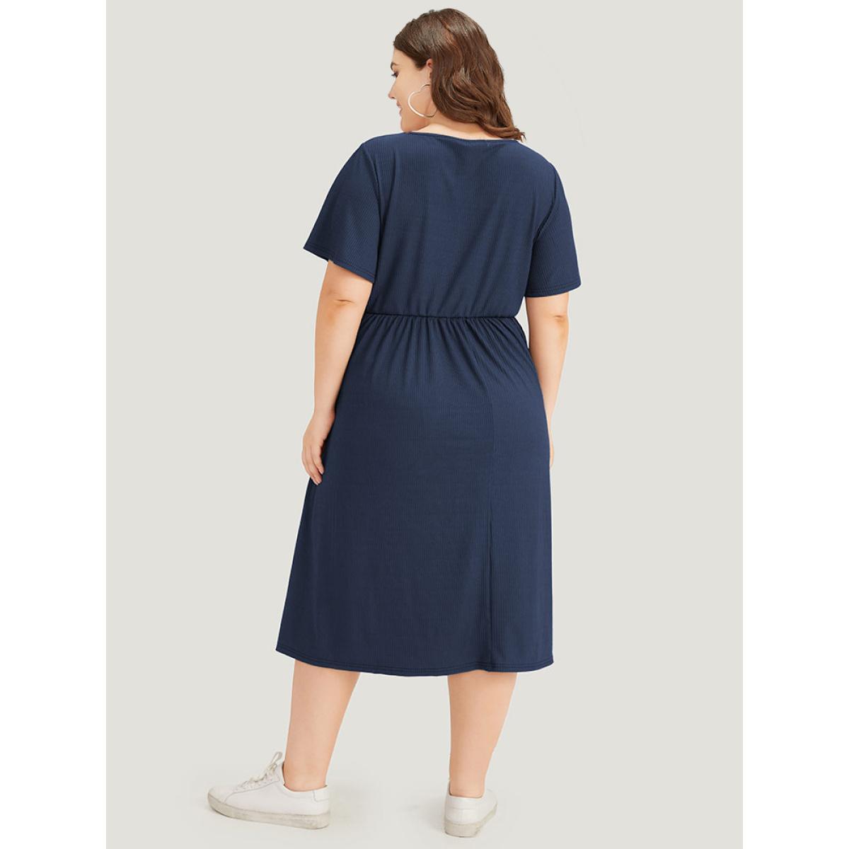 Plus Size Supersoft Essentials Plain Button Detail Ruffle Sleeve Gathered Square Neck Dress Indigo Women Casual Texture Square Neck Short sleeve Curvy Midi Dress BloomChic 12/L Product Image