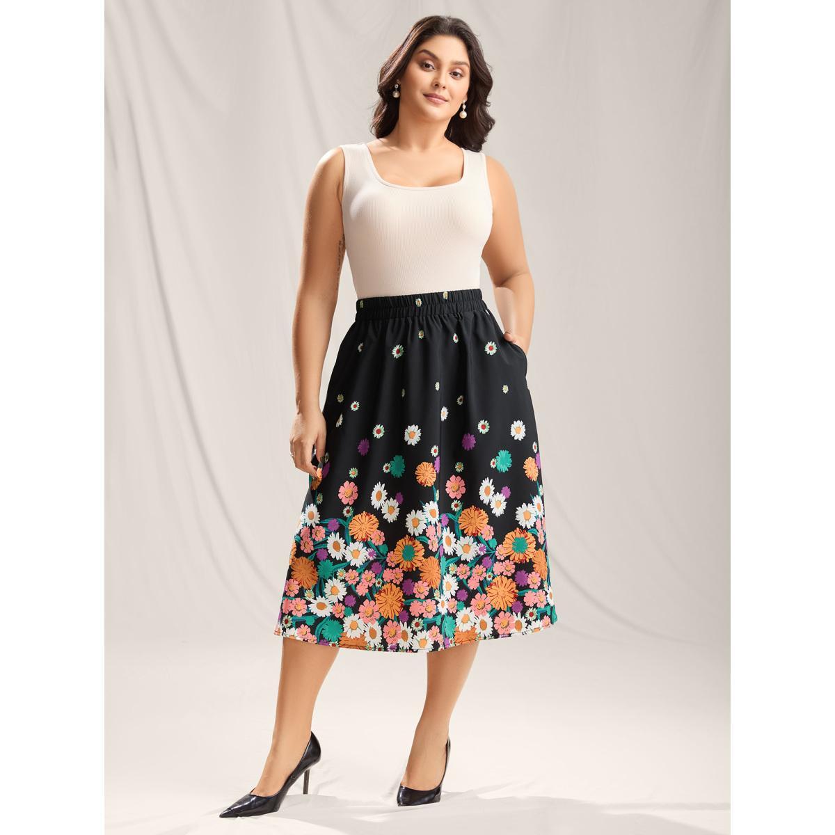 Plus Size Floral Print Pleated Midi Skirt Women BlackFlower Elegant Contrast Bodycon Low stretch Slanted pocket Party Skirts BloomChic 12/L Product Image