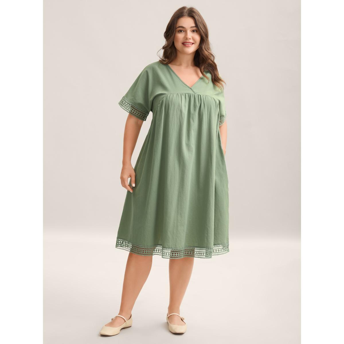 Plus Size Pure Cotton Lace Trim Sleeve Midi Dress Sage Women V-neck Short sleeve Curvy BloomChic 28/5X Product Image