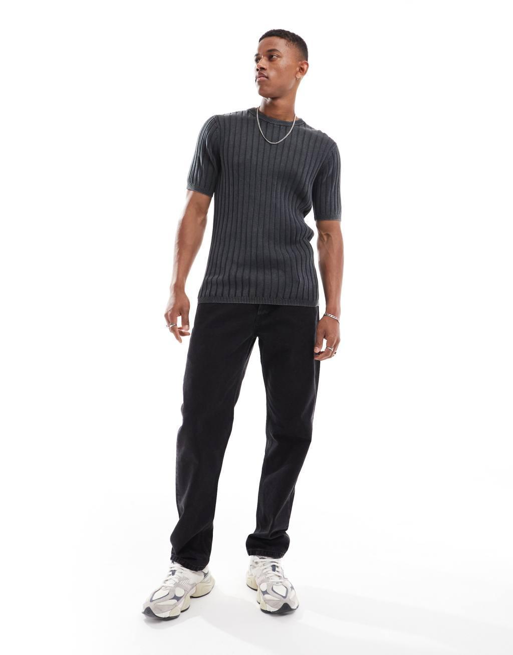ASOS DESIGN muscle fit washed knitted t-shirt in black rib Product Image