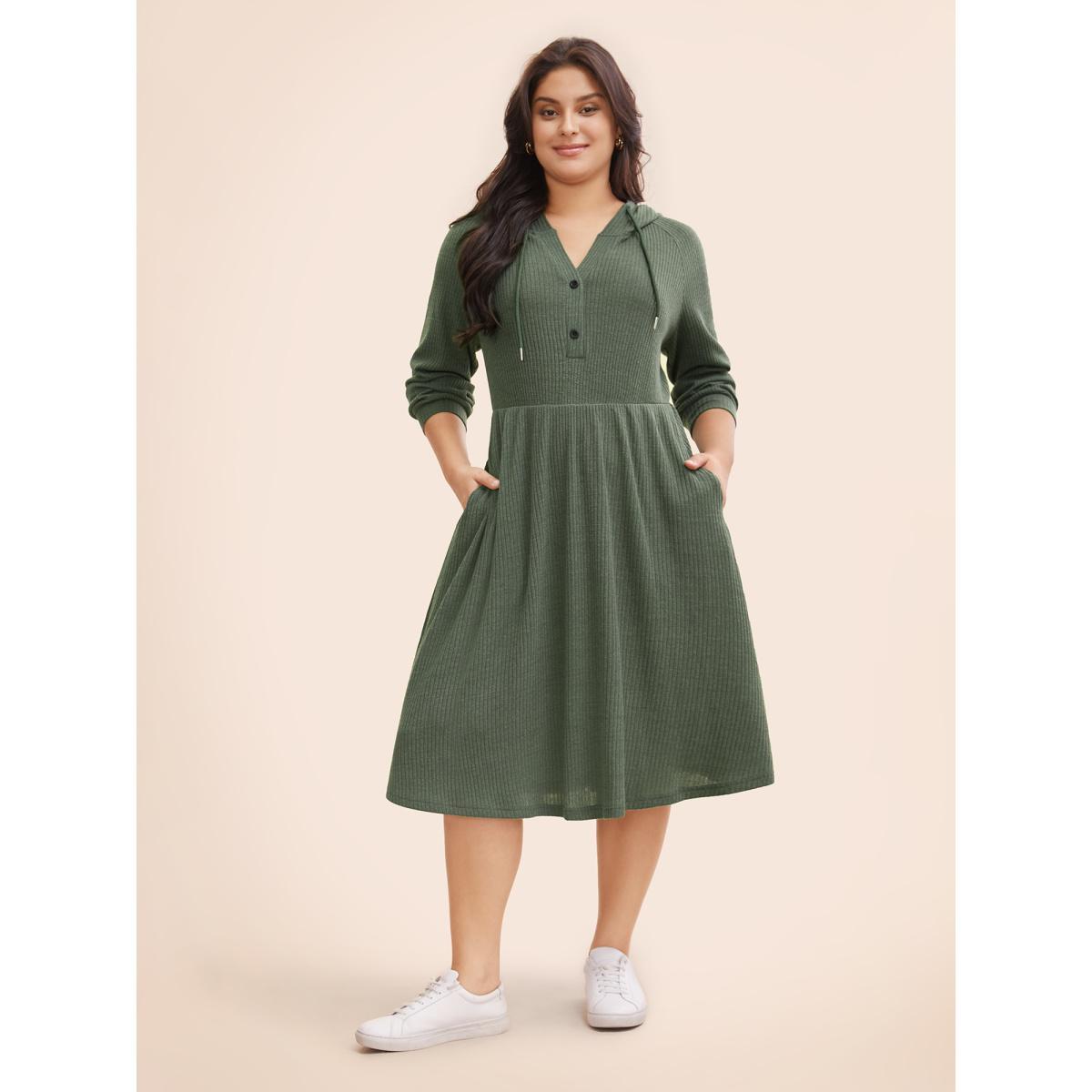 Plus Size Texture Drawstring Hooded Pocket Dress DarkSlateGray Women Casual Texture Hooded Long Sleeve Curvy BloomChic 28/5X Product Image