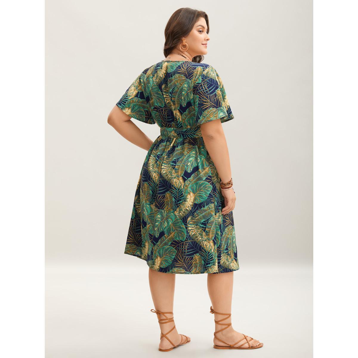 Plus Size Tropical Print Belted Pocket Midi Dress Navy Women Overlap Collar Short sleeve Curvy BloomChic 22-24/3X Product Image