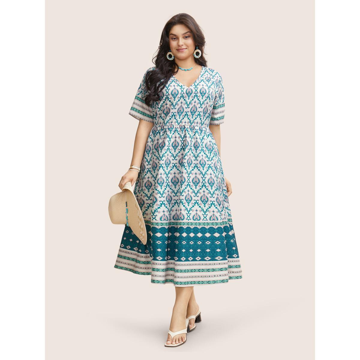 Plus Size V Neck Boho Print Ruffle Sleeve Midi Dress Turquoise Women Resort Non V-neck Short sleeve Curvy BloomChic 26/4X Product Image