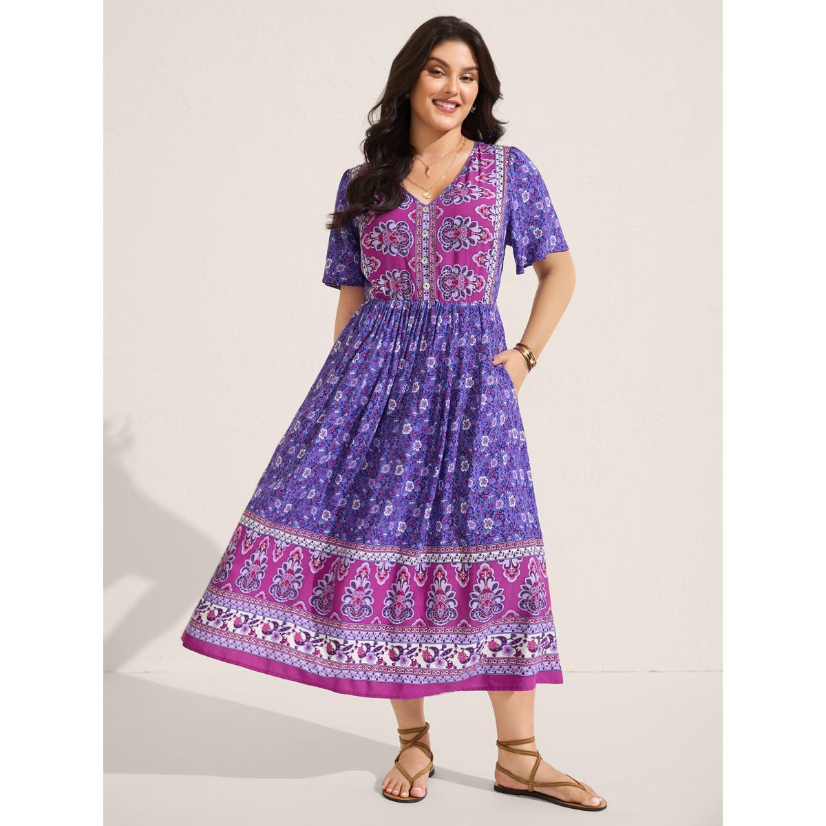 Plus Size Rayon Floral Print Color Contrast Midi Dress BlueViolet Women V-neck Short sleeve Curvy BloomChic 12/L Product Image