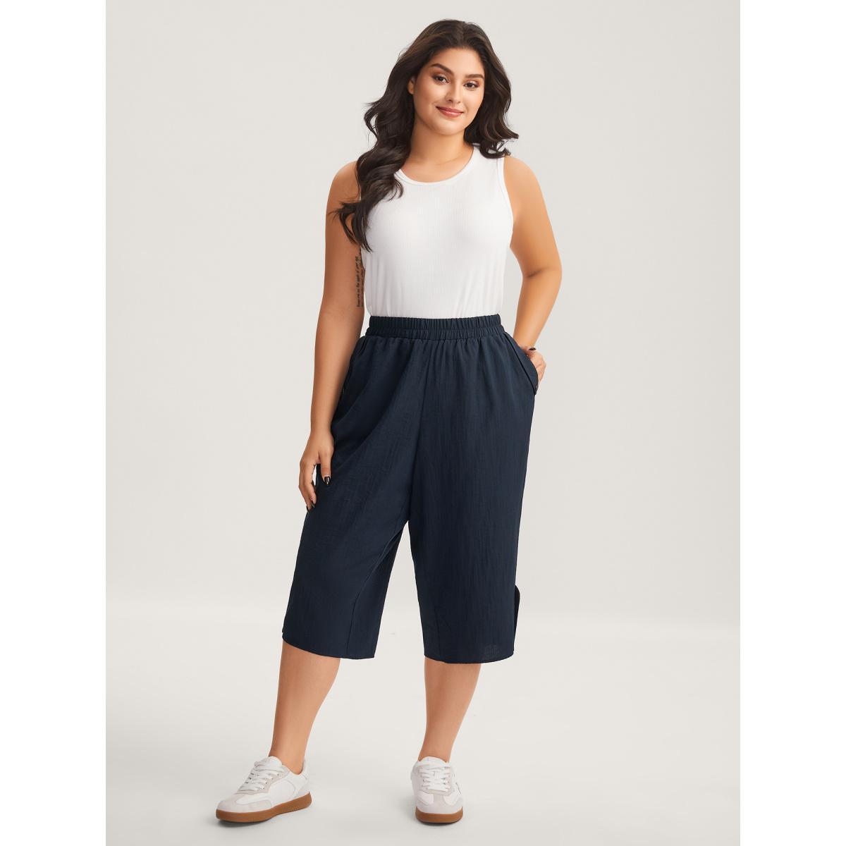 Plus Size Button Hem Straight-Leg Crop Pants Women Midnight Casual Straight Leg Mid Rise Everyday-Casual Pants BloomChic 18-20/2X Product Image