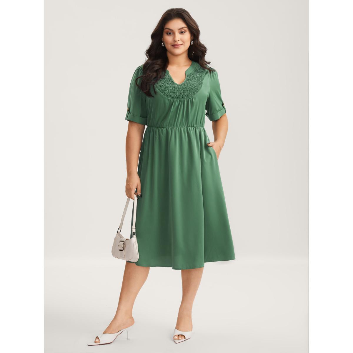 Plus Size Shirred Neck Stretchy Waist Pockets Midi Dress DarkGreen Women Flat collar with V-notch Short sleeve Curvy BloomChic 14-16/1X Product Image