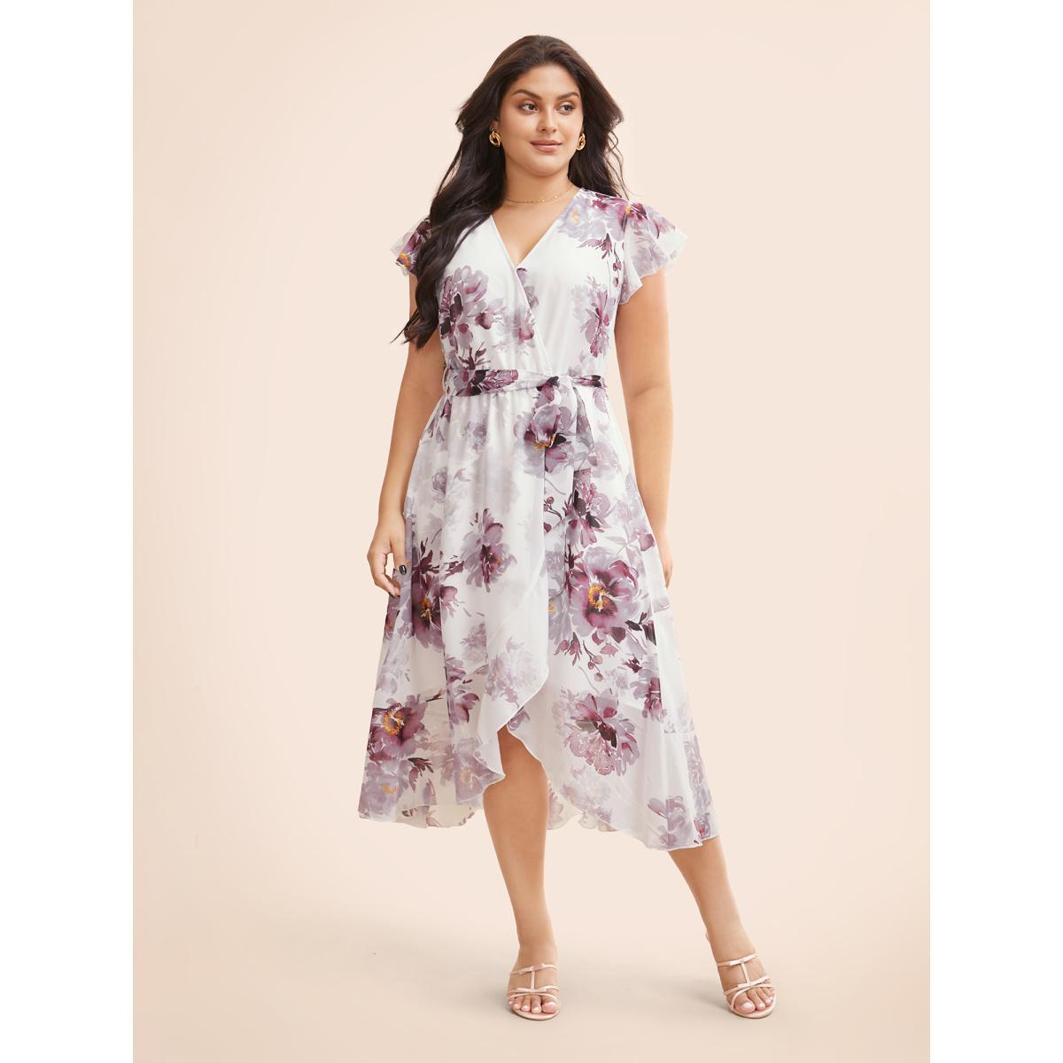 Plus Size Floral Overlap Collar Ruffle Cap Sleeve Dress Mauve Women Elegant Belted Overlap Collar Cap Sleeve Curvy BloomChic 22-24/3X Product Image