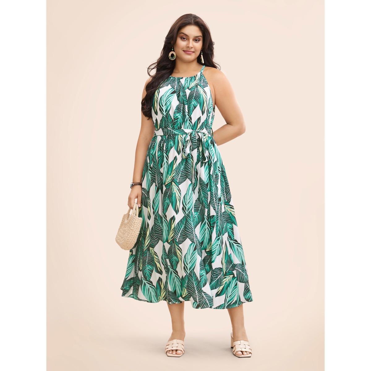 Plus Size Tropical Print Knotted Pocket Ruffles Belted Halter Dress Emerald Women Resort Non Halter neck Sleeveless Curvy Midi Dress BloomChic 10/M Product Image