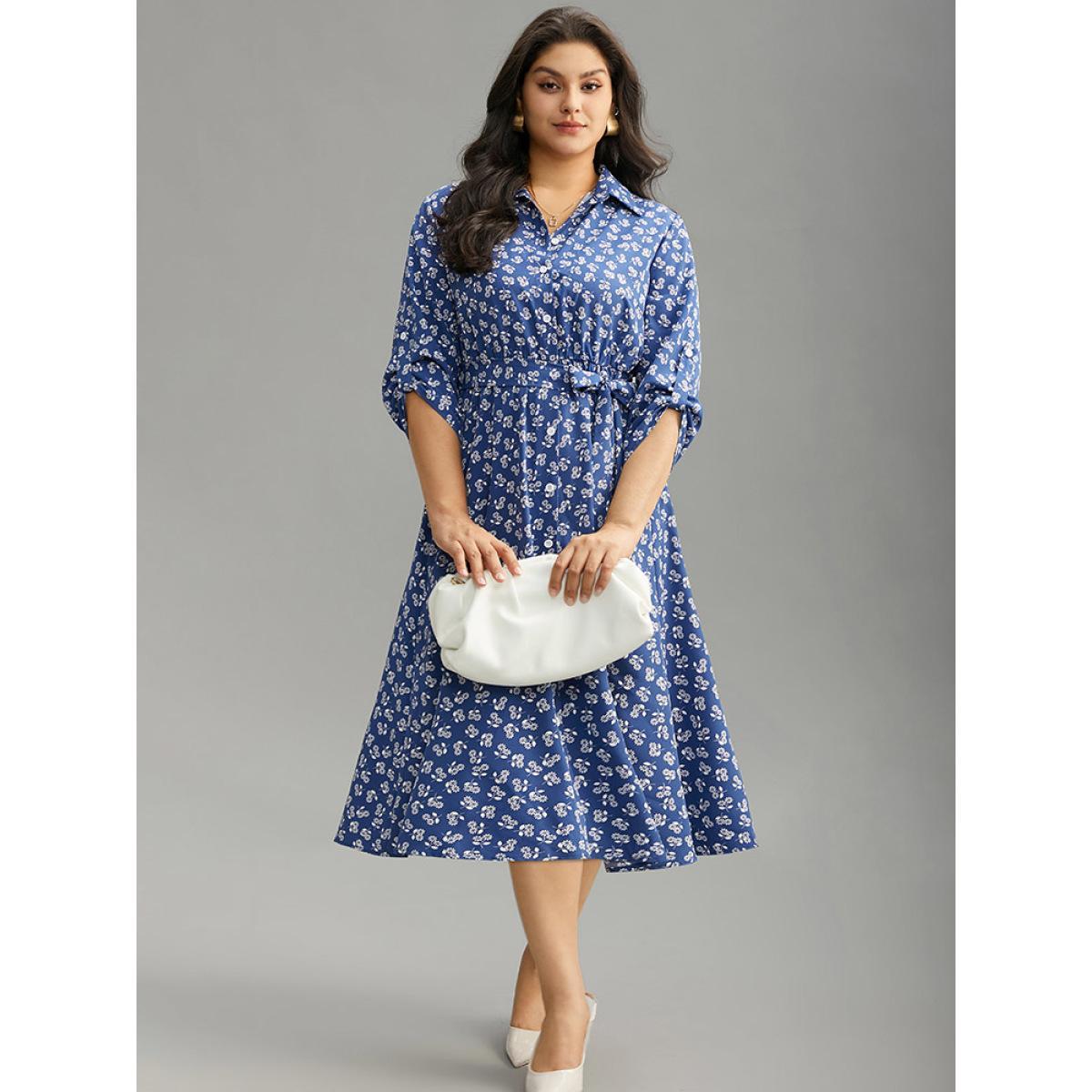 Plus Size Ditsy Floral Belted Button Through Tab Sleeve Dress Aegean Women Office Belted Shirt collar Elbow-length sleeve Curvy Midi Dress BloomChic 18-20/2X Product Image
