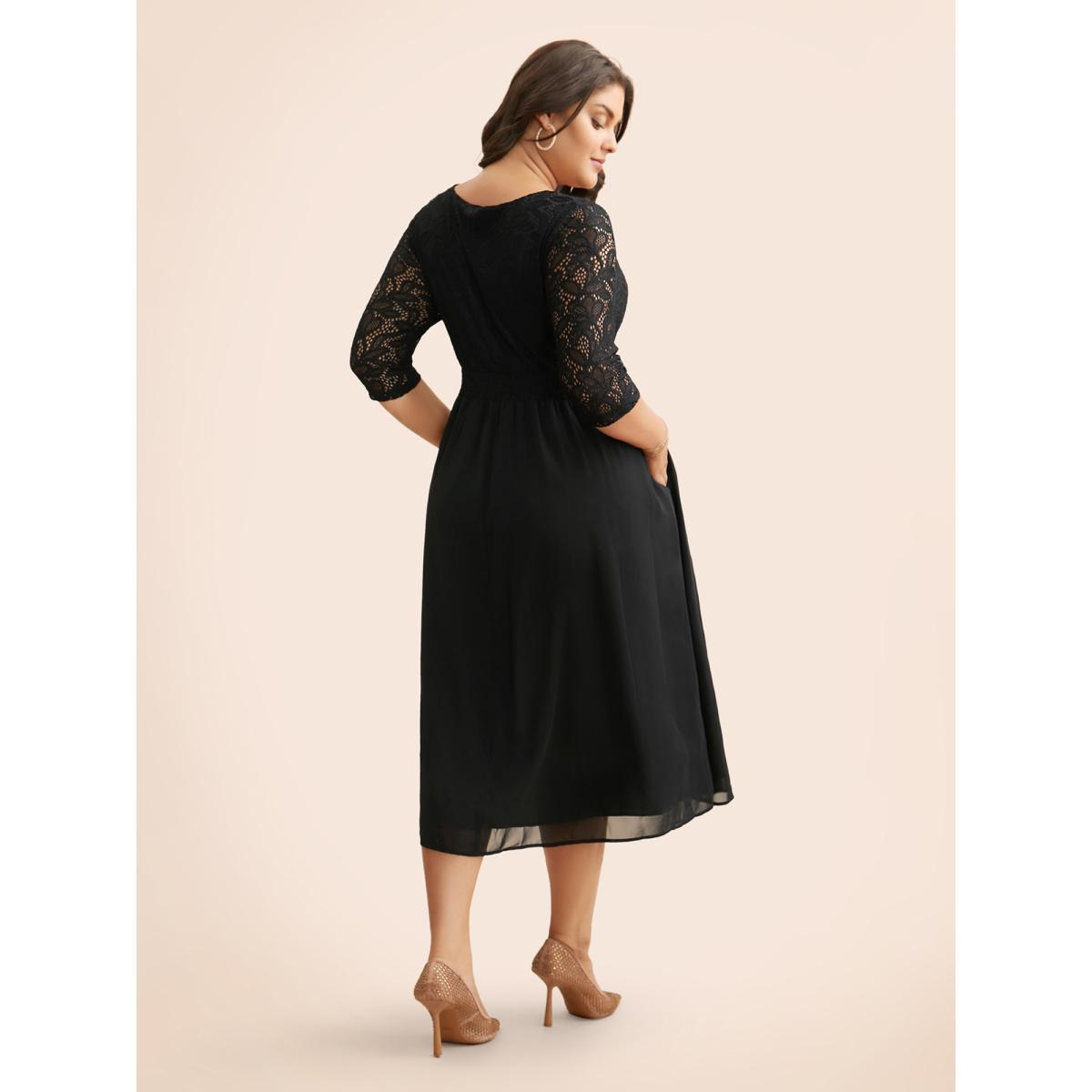 Plus Size Crochet Lace Mesh Ruffle Sleeve Dress Black Women Cocktail Woven ribbon&lace trim Round Neck Elbow-length sleeve Curvy BloomChic 26/4X Product Image