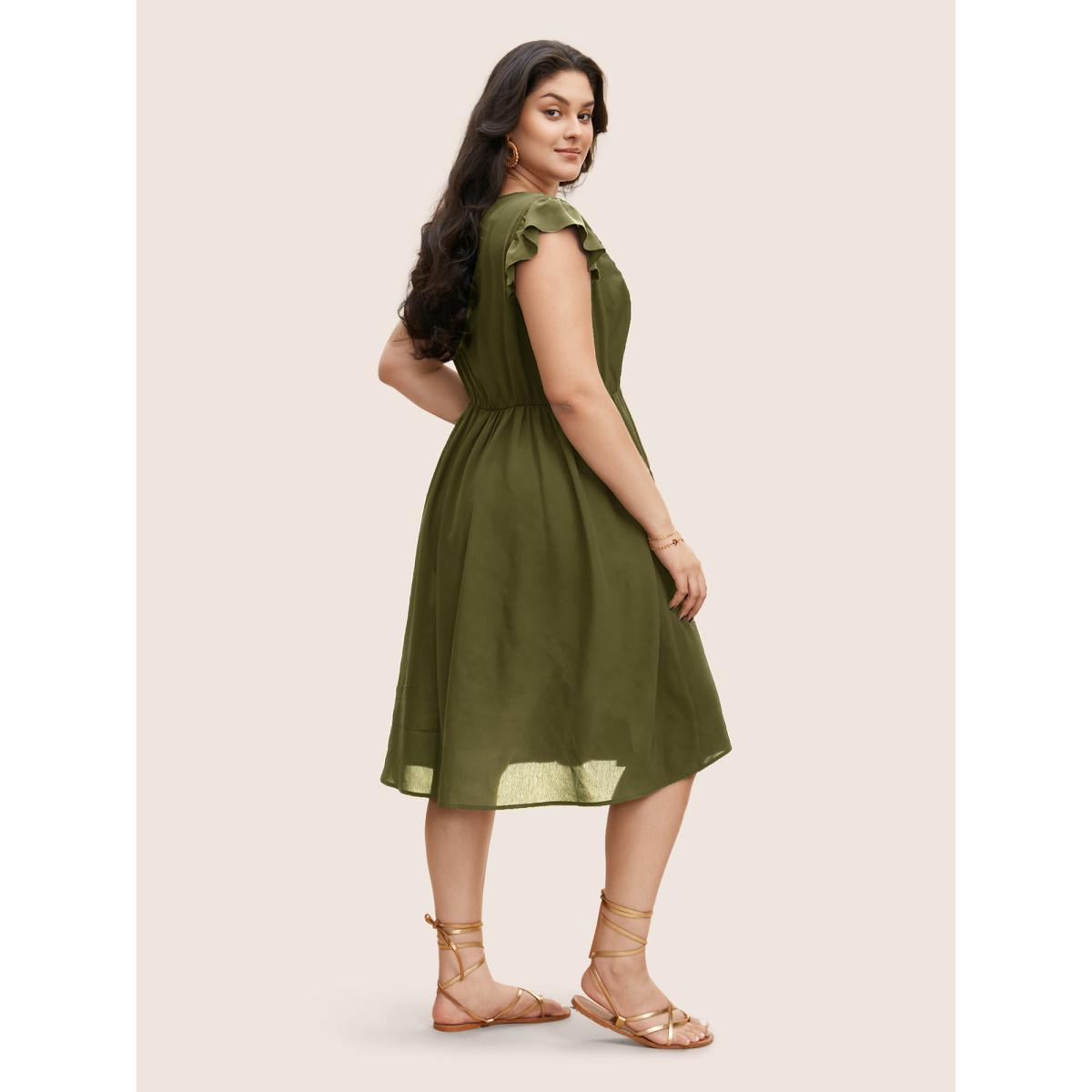 Plus Size Floral Embroidered V Neck Ruffle Cap Sleeve Dress ArmyGreen Women Resort Embroidered V-neck Cap Sleeve Curvy BloomChic 22-24/3X Product Image