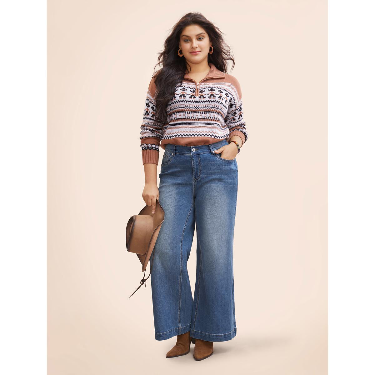 Plus Size Stretch Denim Wide Leg Cut Jeans Women Denimblue Casual Button Medium stretch Slanted pocket Jeans BloomChic 30/6X Product Image