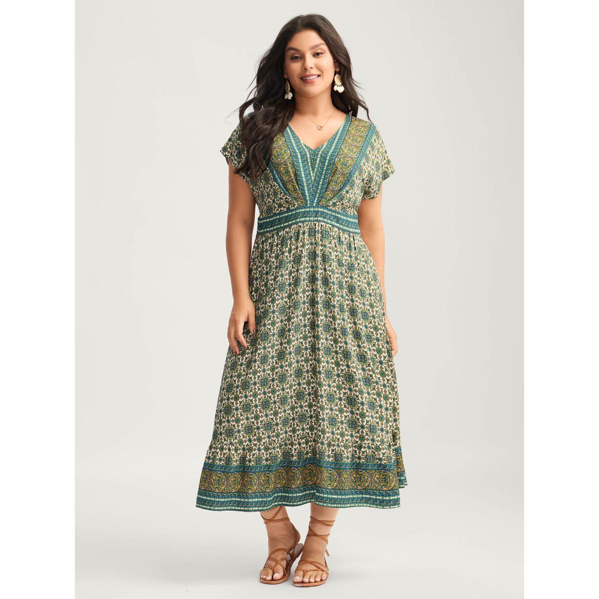 Plus Size Rayon Floral Boho Print Pockets Midi Dress Multicolor Women Shirred V-neck Short sleeve Curvy BloomChic 28/5X Product Image