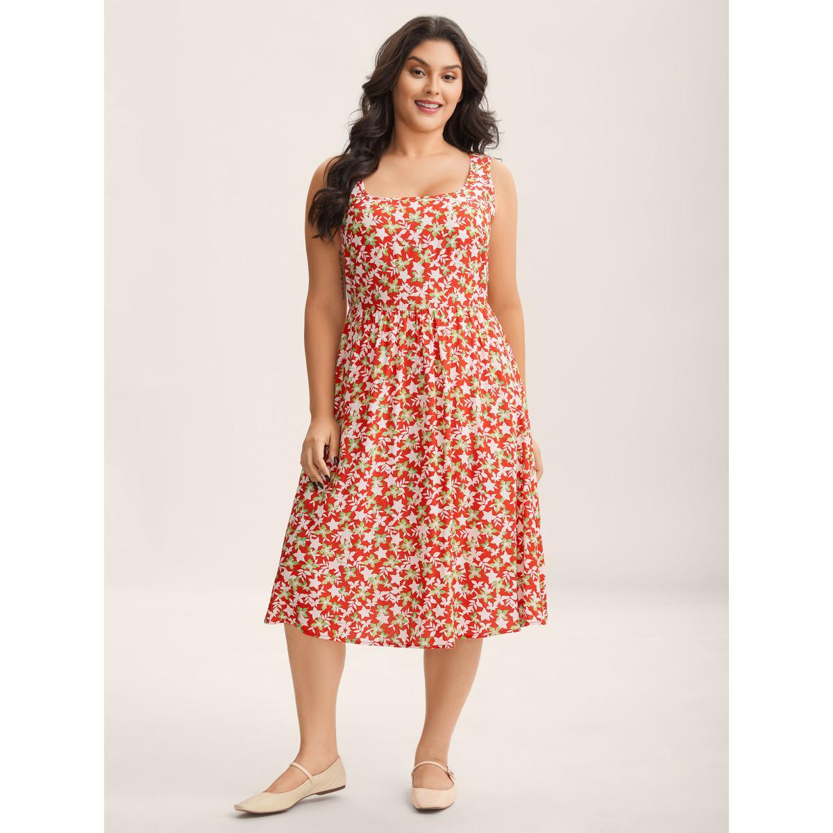 Plus Size Floral Print Sleeveless Pockets Midi Dress Crimson Women Square Neck Sleeveless Curvy BloomChic 12/L Product Image
