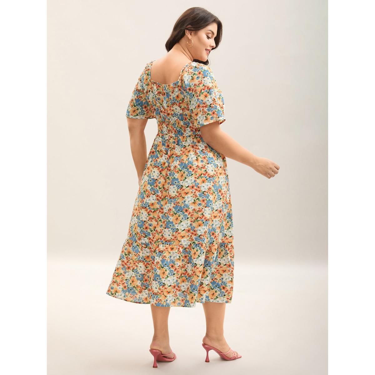 Plus Size Smocked Waist Floral Ties Tiered Maxi Dress Lightyellow Women Elegant Tie knot Square Neck Short sleeve Curvy BloomChic 26/4X Product Image