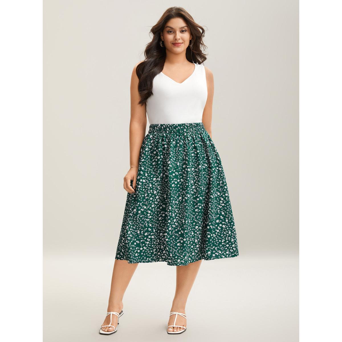 Plus Size Ditsy Floral Print Stretchy Flared Midi Skirt Women DarkGreen Elegant Low stretch Slanted pocket Everyday Skirts BloomChic 12/L Product Image