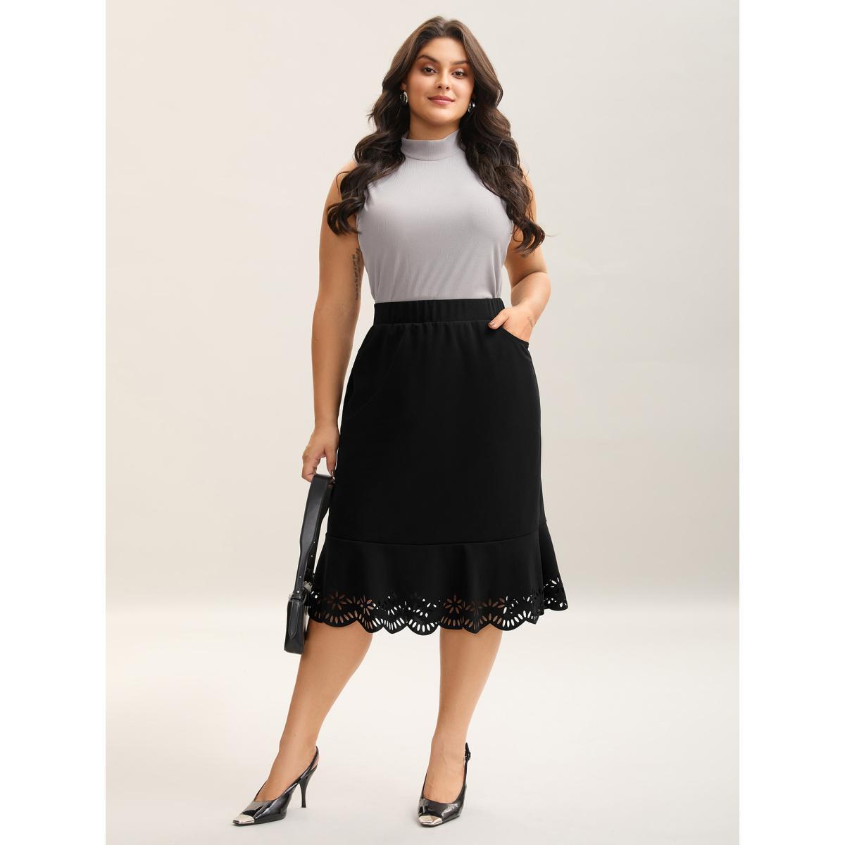 Plus Size Laser Cut Scalloped Fishtail Maxi Skirt Women Black Elegant Laser Bodycon Medium stretch Slanted pocket Everyday-Elegant Skirts BloomChic 28/5X Product Image